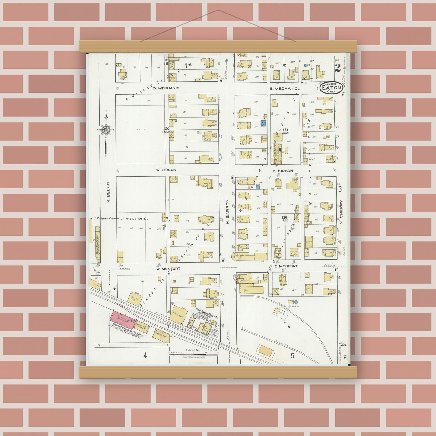 Old map wall art mockup — magnetic wood frame on brick wall — Sanborn Fire Insurance Map from Eaton, Preble County, Ohio (1921), Sheet #0002