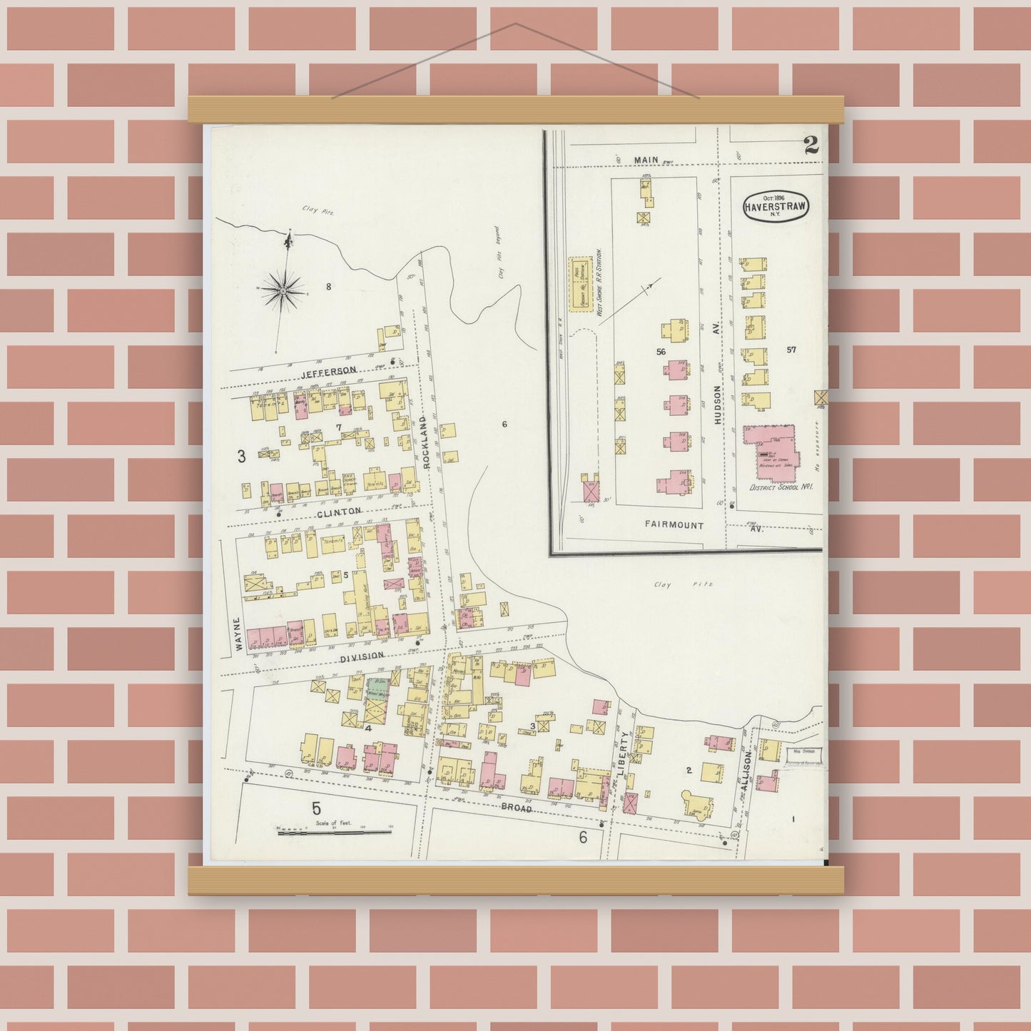 Old map wall art mockup — magnetic wood frame on brick wall — Sanborn Fire Insurance Map from Haverstraw, Rockland County, New York (1896), Sheet #0002