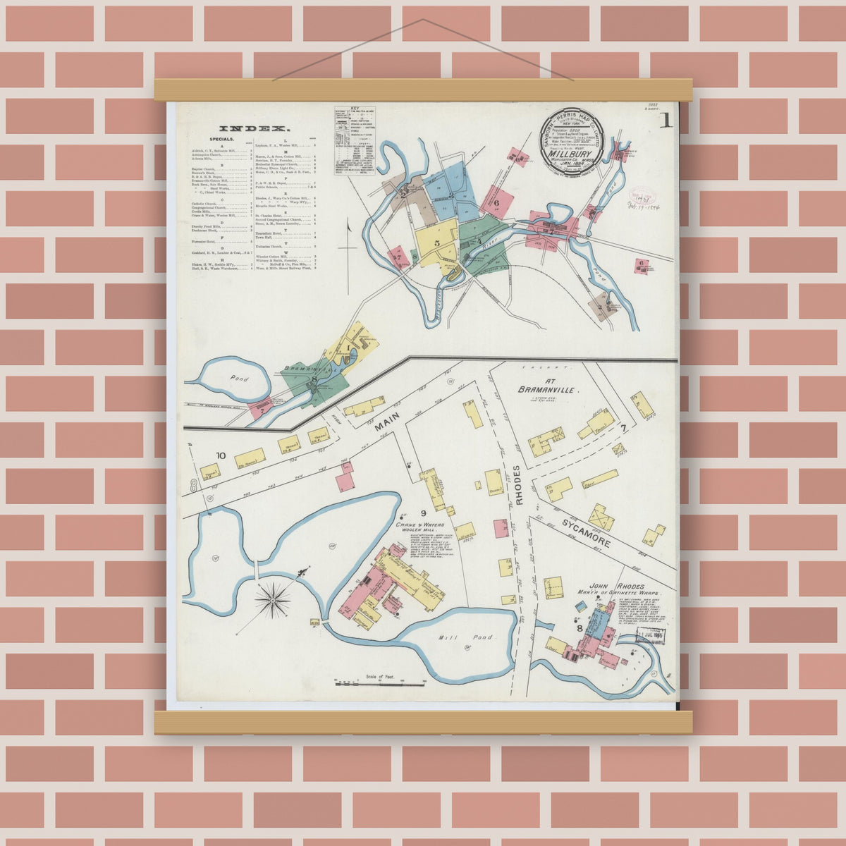 Old map wall art mockup — magnetic wood frame on brick wall — Sanborn Fire Insurance Map from Millbury, Worcester County, Massachusetts (1894) - Complete Map Set