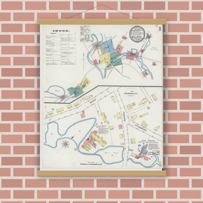Old map wall art mockup — magnetic wood frame on brick wall — Sanborn Fire Insurance Map from Millbury, Worcester County, Massachusetts (1894) - Complete Map Set