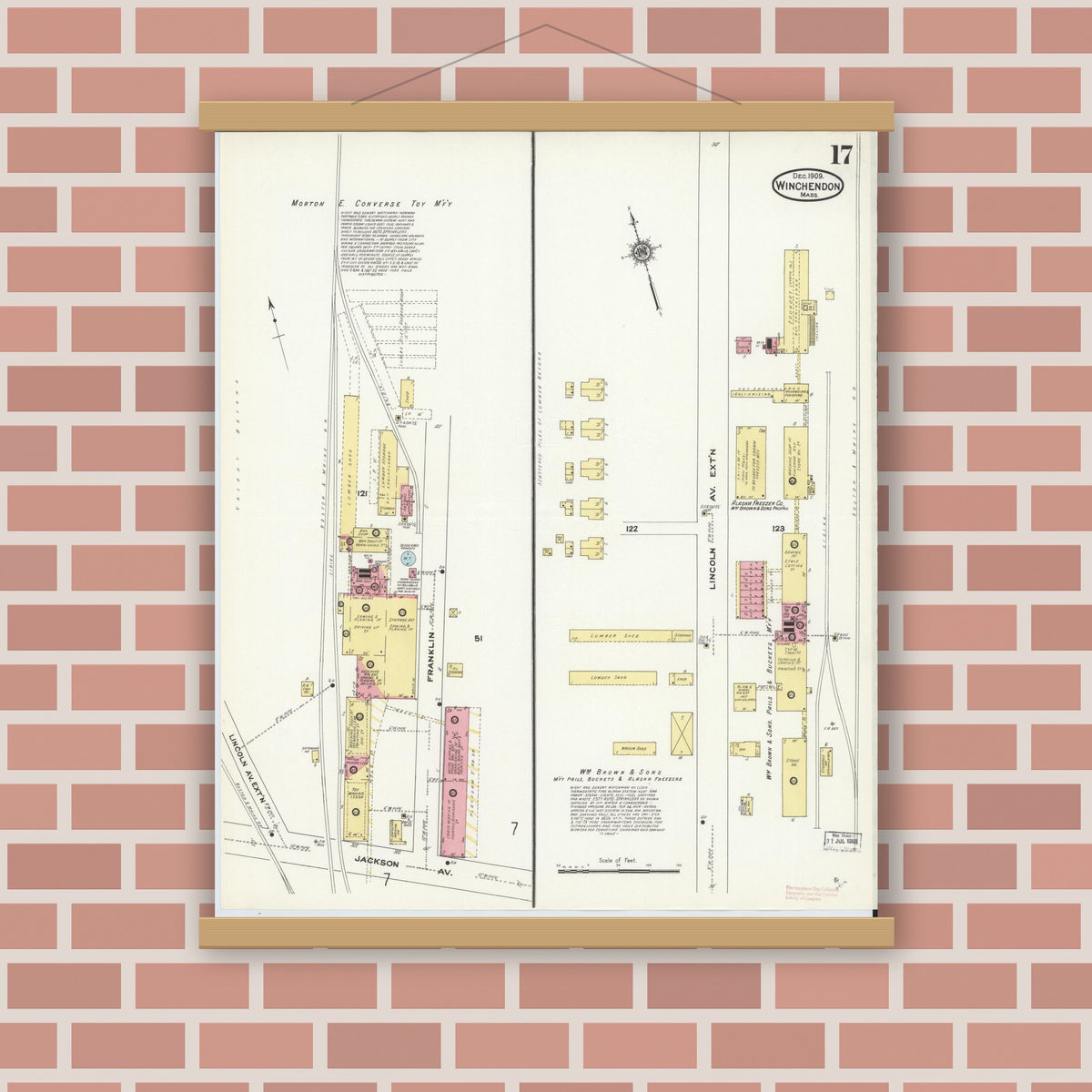 Old map wall art mockup — magnetic wood frame on brick wall — Sanborn Fire Insurance Map from Winchendon, Worcester County, Massachusetts (1909), Sheet #0017