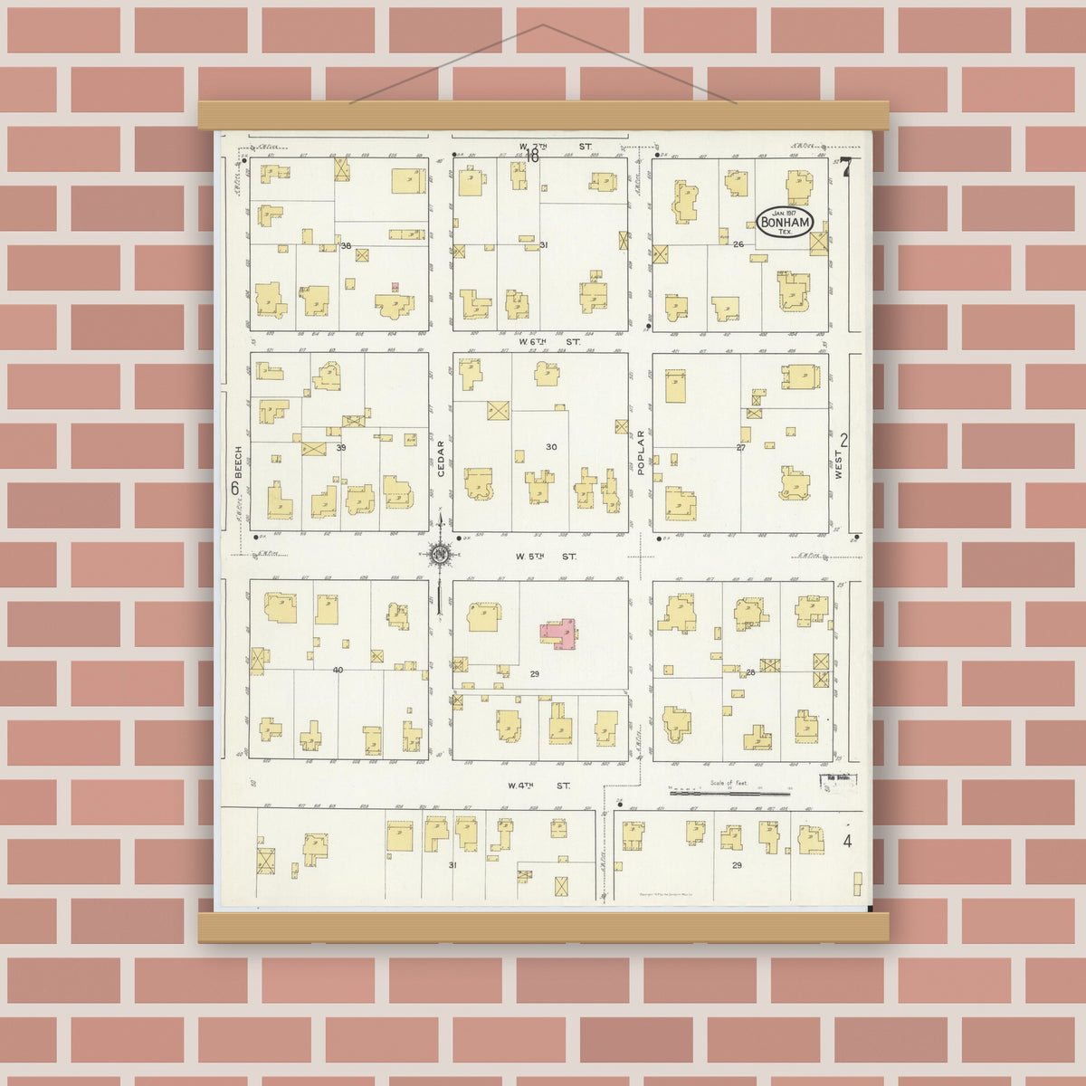 Old map wall art mockup — magnetic wood frame on brick wall — Sanborn Fire Insurance Map from Bonham, Fannin County, Texas (1917), Sheet #0007
