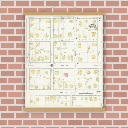 Old map wall art mockup — magnetic wood frame on brick wall — Sanborn Fire Insurance Map from Bonham, Fannin County, Texas (1917), Sheet #0007