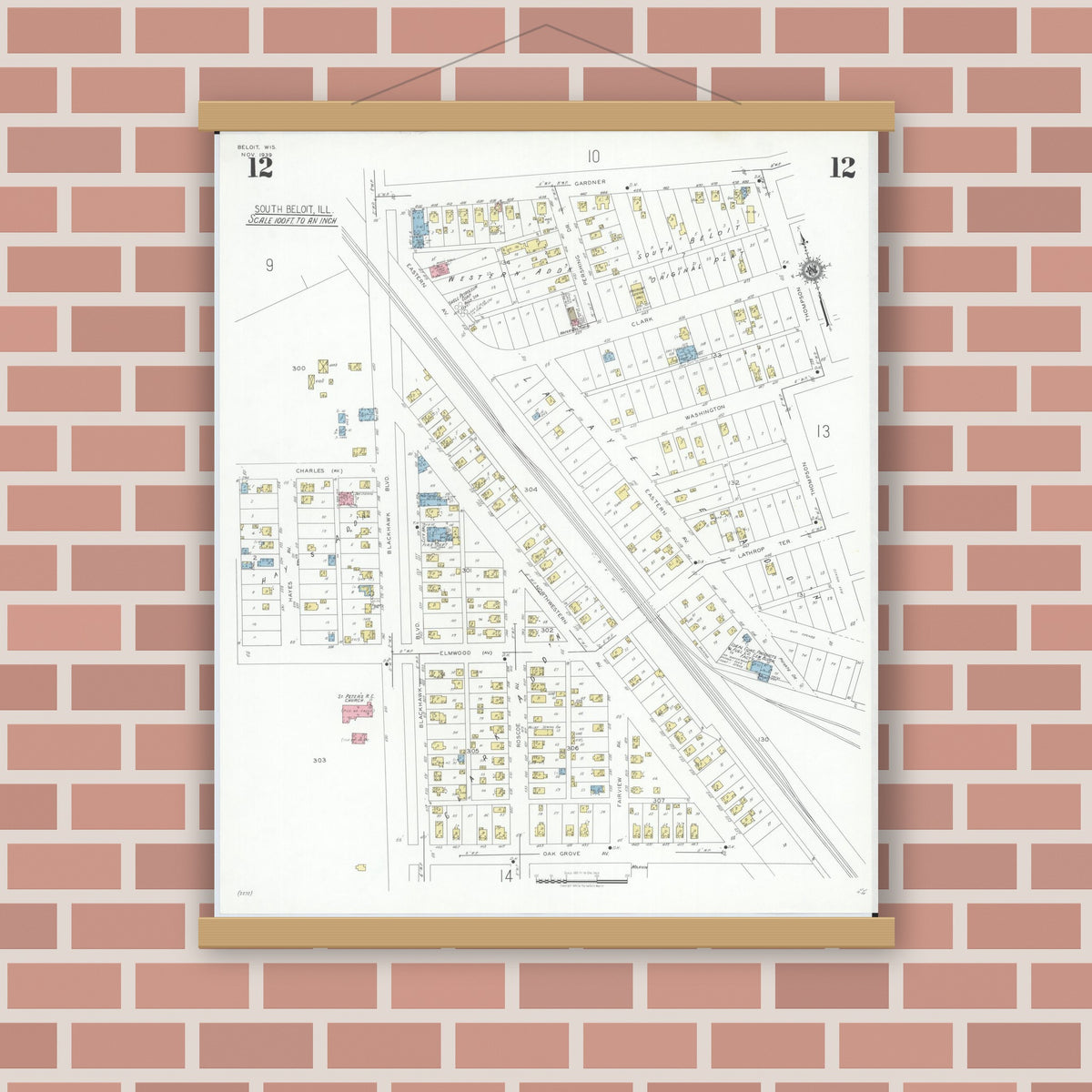 Old map wall art mockup — magnetic wood frame on brick wall — Sanborn Fire Insurance Map from Beloit, Rock County, Wisconsin (1939), Sheet #0012