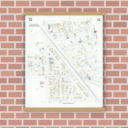 Old map wall art mockup — magnetic wood frame on brick wall — Sanborn Fire Insurance Map from Beloit, Rock County, Wisconsin (1939), Sheet #0012