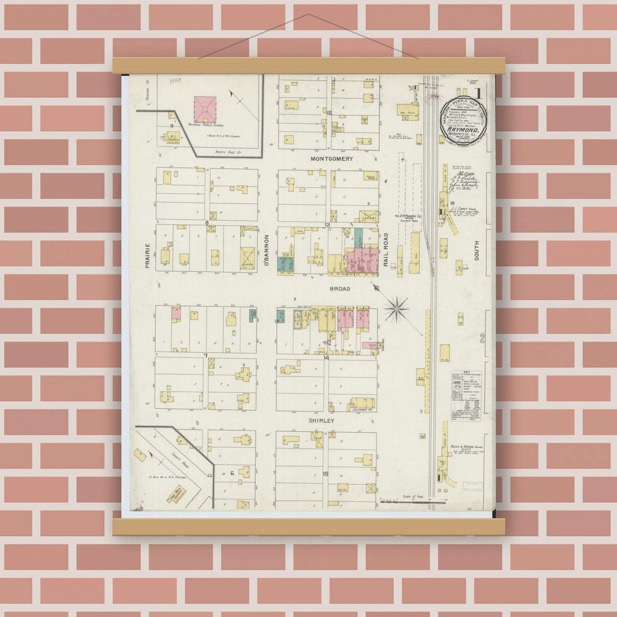 Old map wall art mockup — magnetic wood frame on brick wall — Sanborn Fire Insurance Map from Raymond, Montgomery County, Illinois (1894) - Complete Map Set