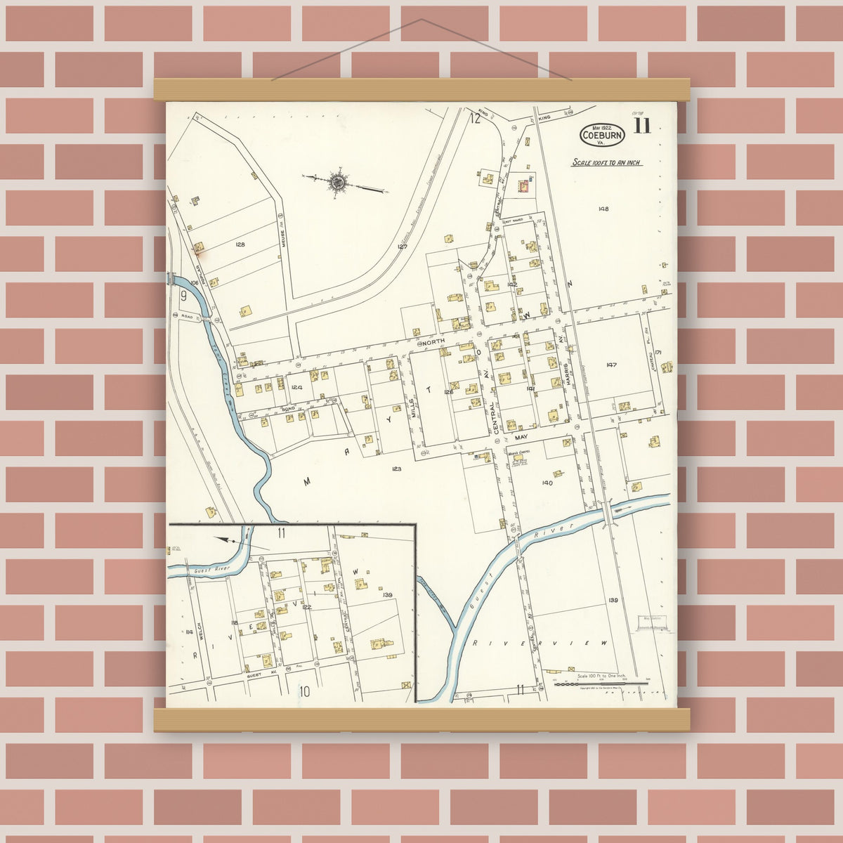 Old map wall art mockup — magnetic wood frame on brick wall — Sanborn Fire Insurance Map from Coeburn, Wise County, Virginia (1922), Sheet #0011