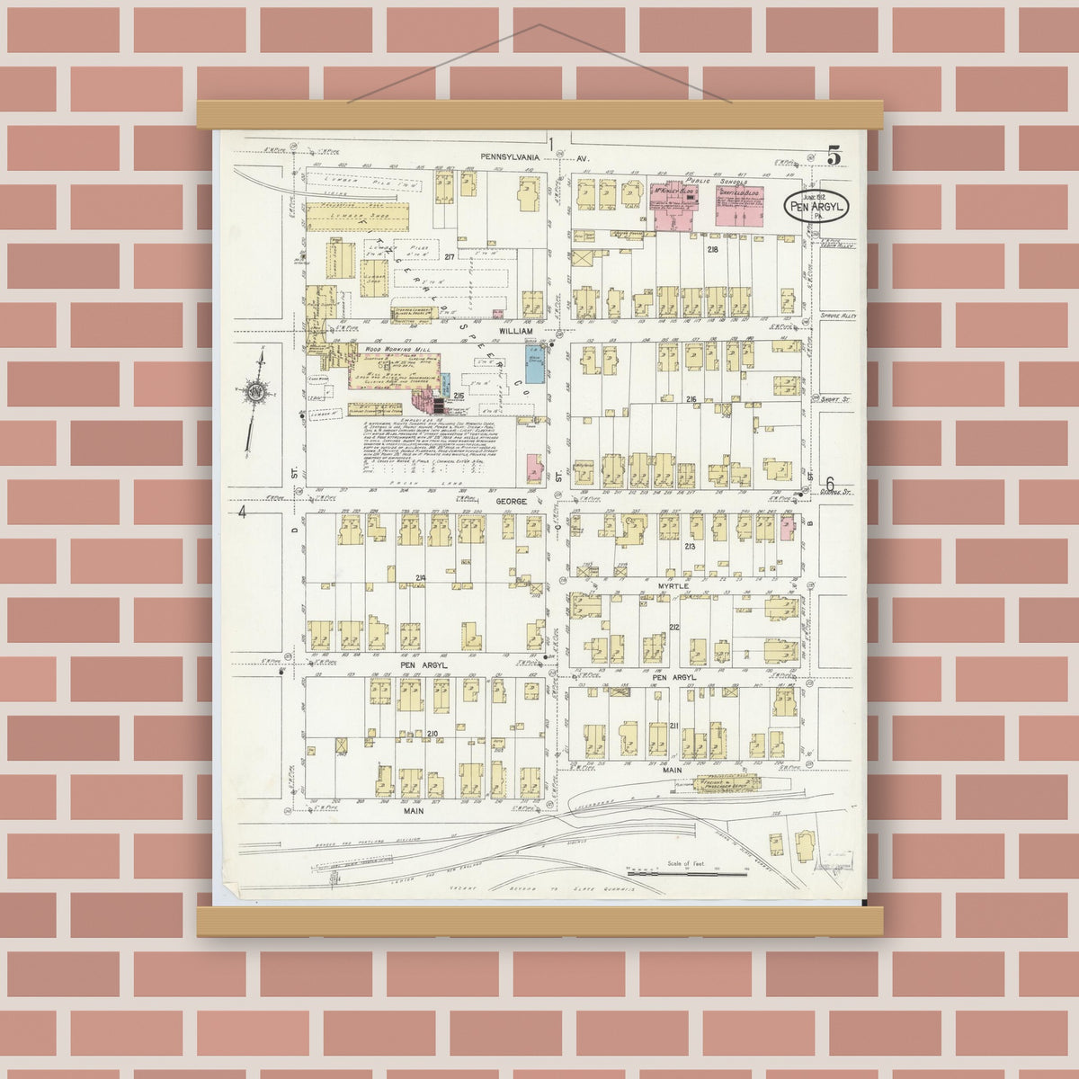 Old map wall art mockup — magnetic wood frame on brick wall — Sanborn Fire Insurance Map from Pen Argyl, Northampton County, Pennsylvania (1912), Sheet #0005