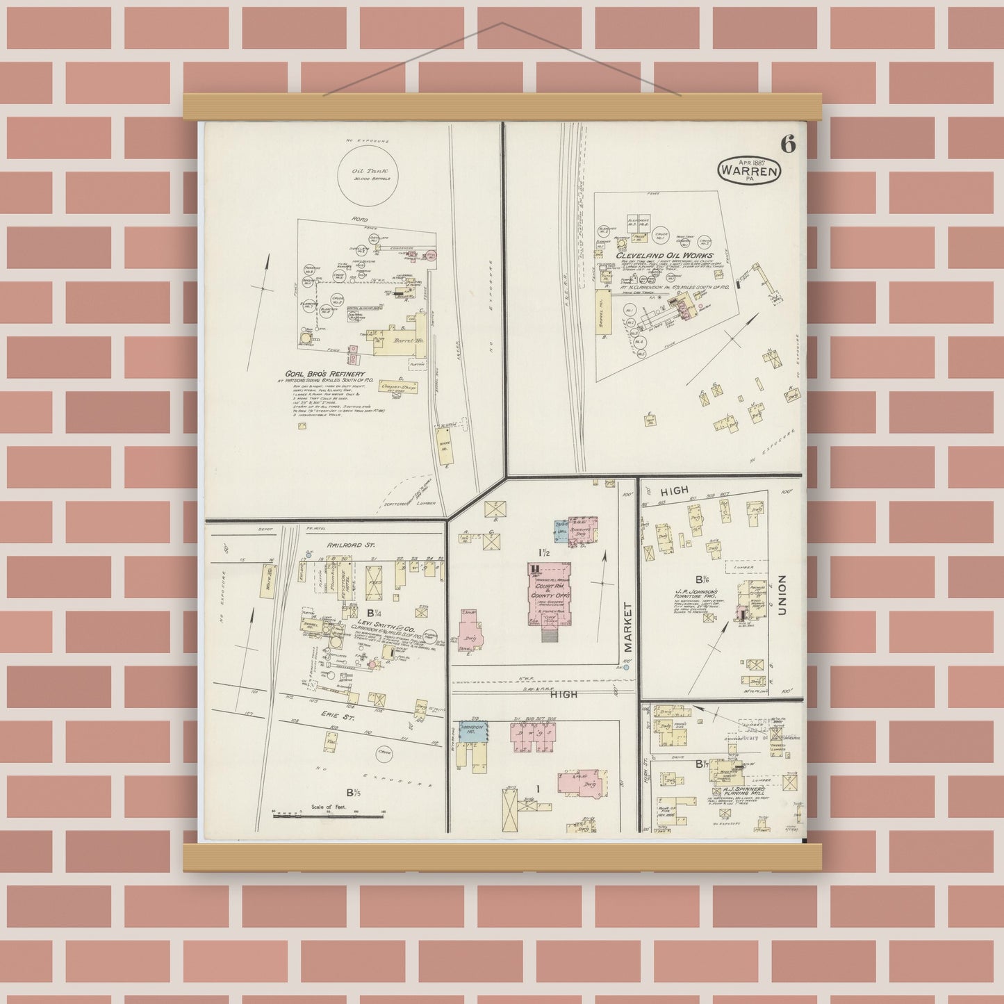 Old map wall art mockup — magnetic wood frame on brick wall — Sanborn Fire Insurance Map from Warren, Warren County, Pennsylvania (1887), Sheet #0006
