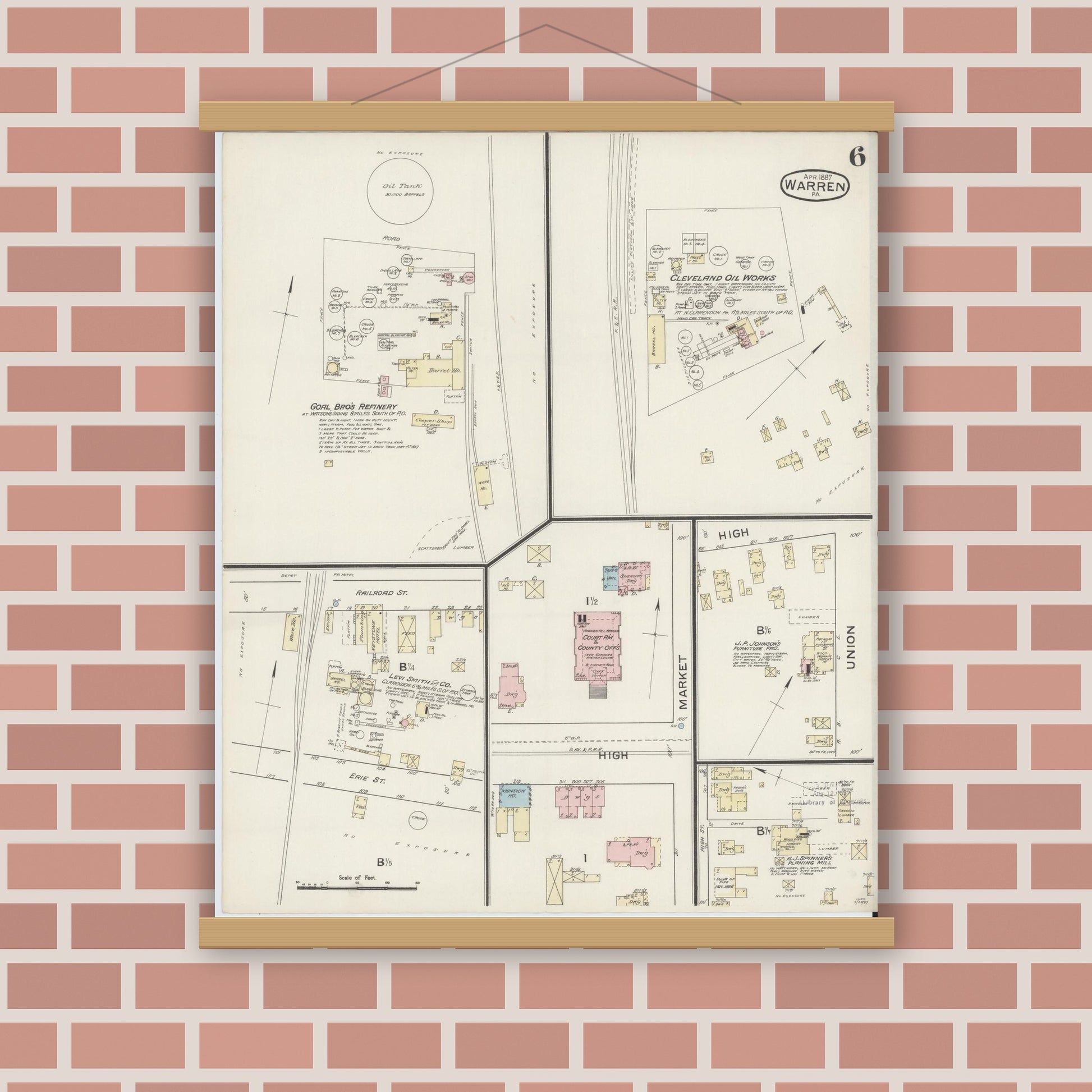 Old map wall art mockup — magnetic wood frame on brick wall — Sanborn Fire Insurance Map from Warren, Warren County, Pennsylvania (1887), Sheet #0006
