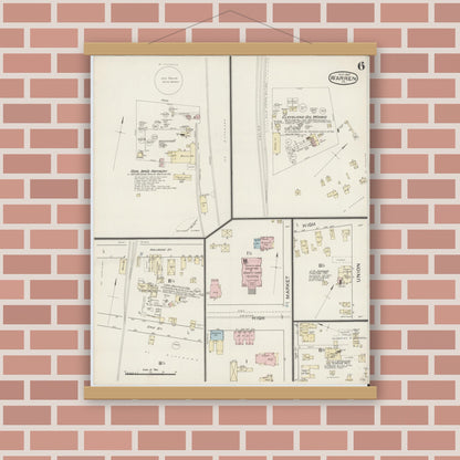 Old map wall art mockup — magnetic wood frame on brick wall — Sanborn Fire Insurance Map from Warren, Warren County, Pennsylvania (1887), Sheet #0006