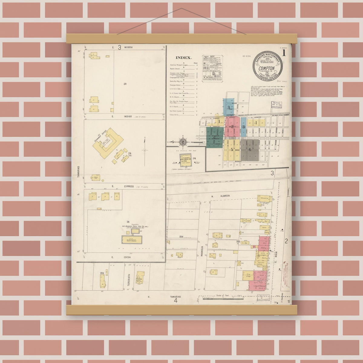Old map wall art mockup — magnetic wood frame on brick wall — Sanborn Fire Insurance Map from Compton, Los Angeles County, California (1916), Sheet #0001