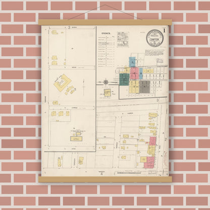 Old map wall art mockup — magnetic wood frame on brick wall — Sanborn Fire Insurance Map from Compton, Los Angeles County, California (1916), Sheet #0001