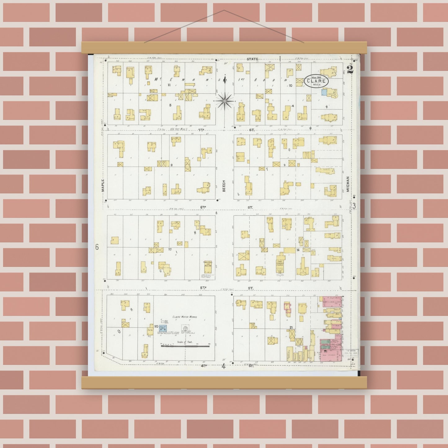 Old map wall art mockup — magnetic wood frame on brick wall — Sanborn Fire Insurance Map from Clare, Clare County, Michigan (1906), Sheet #0002