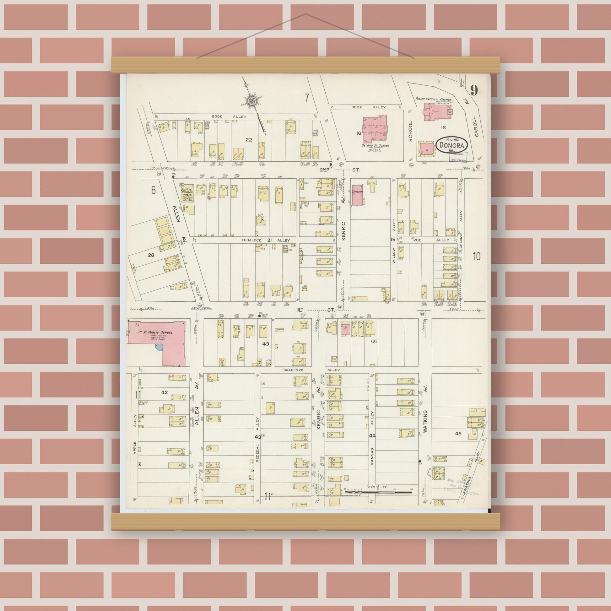 Old map wall art mockup — magnetic wood frame on brick wall — Sanborn Fire Insurance Map from Donora, Washington County, Pennsylvania (1914), Sheet #0009