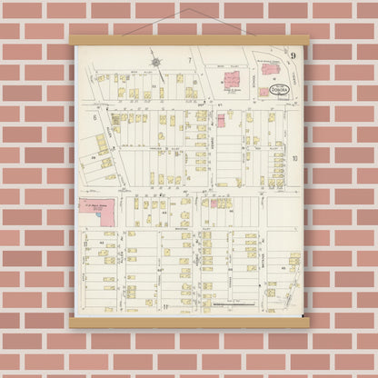 Old map wall art mockup — magnetic wood frame on brick wall — Sanborn Fire Insurance Map from Donora, Washington County, Pennsylvania (1914), Sheet #0009
