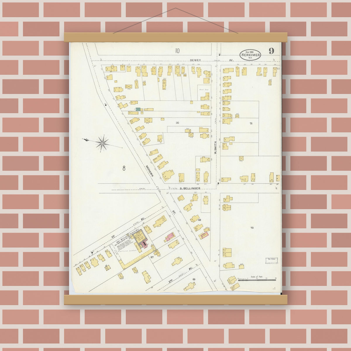 Old map wall art mockup — magnetic wood frame on brick wall — Sanborn Fire Insurance Map from Herkimer, Herkimer County, New York (1906), Sheet #0009