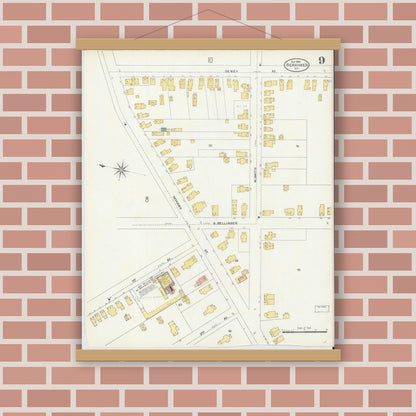 Old map wall art mockup — magnetic wood frame on brick wall — Sanborn Fire Insurance Map from Herkimer, Herkimer County, New York (1906), Sheet #0009