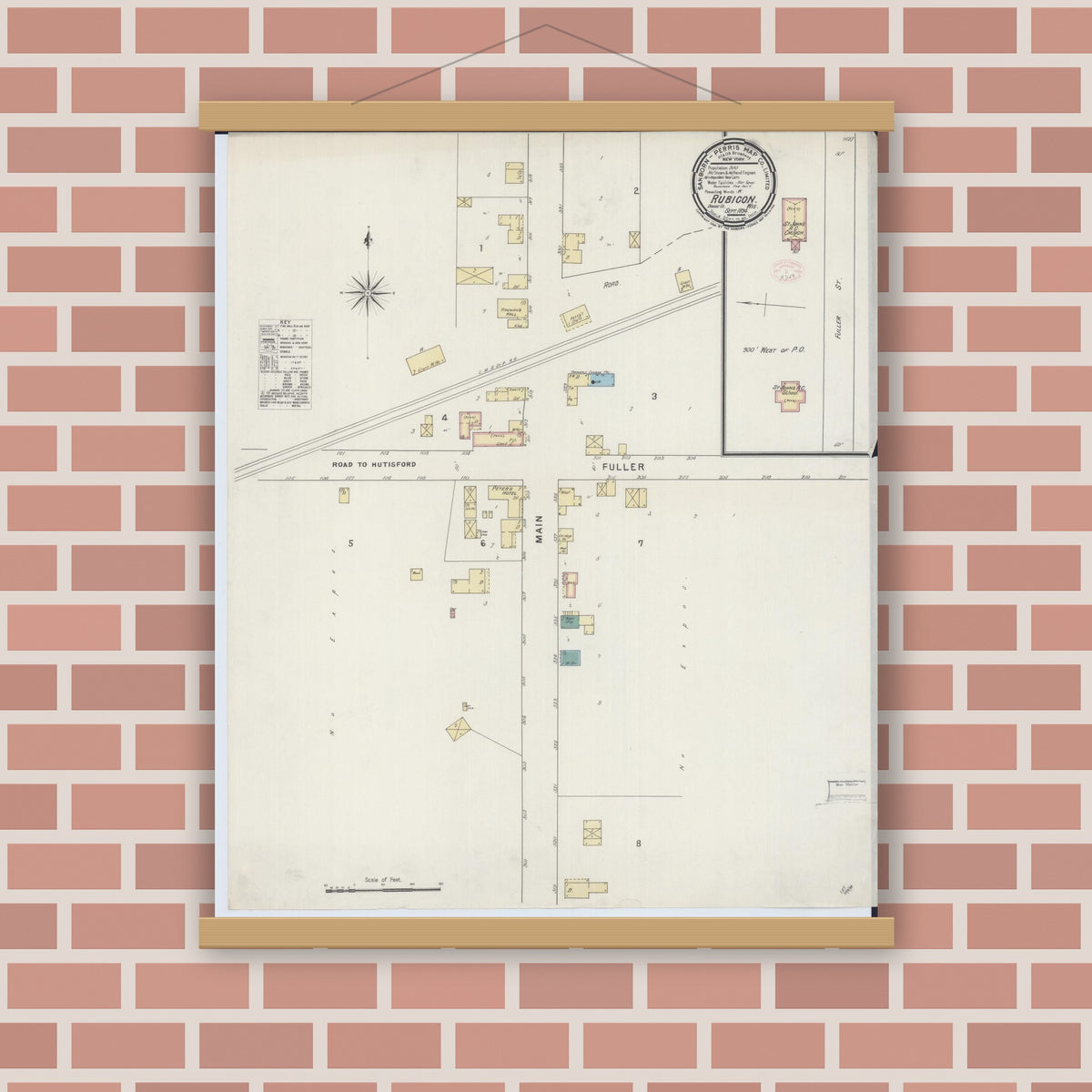 Old map wall art mockup — magnetic wood frame on brick wall — Sanborn Fire Insurance Map from Rubicon, Dodge County, Wisconsin (1894), Sheet #0001