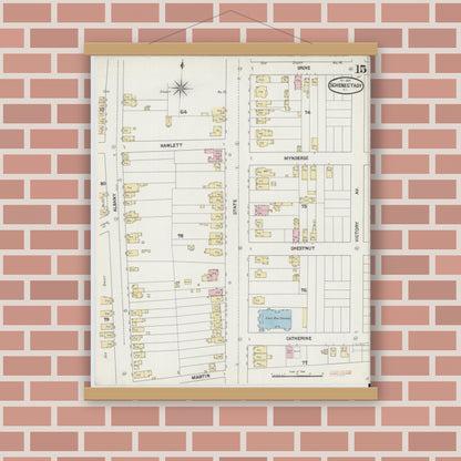 Old map wall art mockup — magnetic wood frame on brick wall — Sanborn Fire Insurance Map from Schenectady, Schenectady County, New York (1889), Sheet #0015