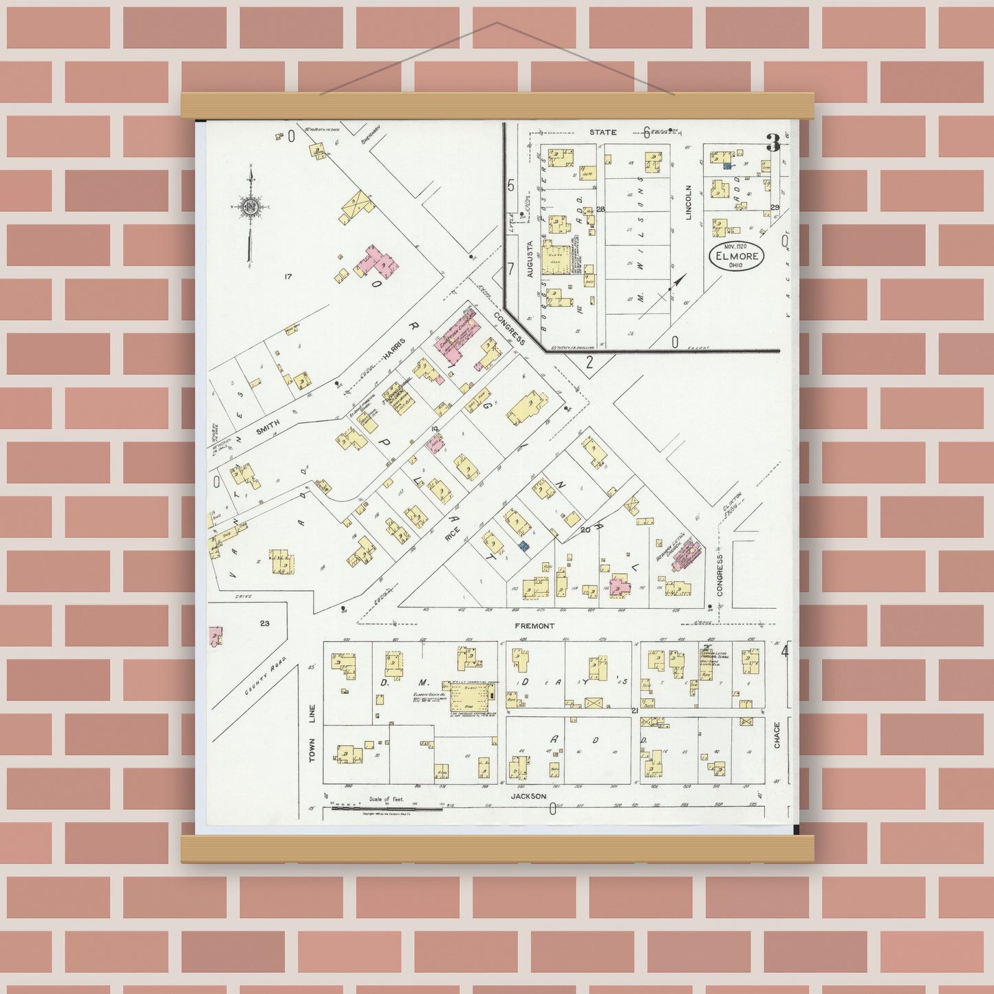 Old map wall art mockup — magnetic wood frame on brick wall — Sanborn Fire Insurance Map from Elmore, Ottawa County, Ohio (1920), Sheet #0003