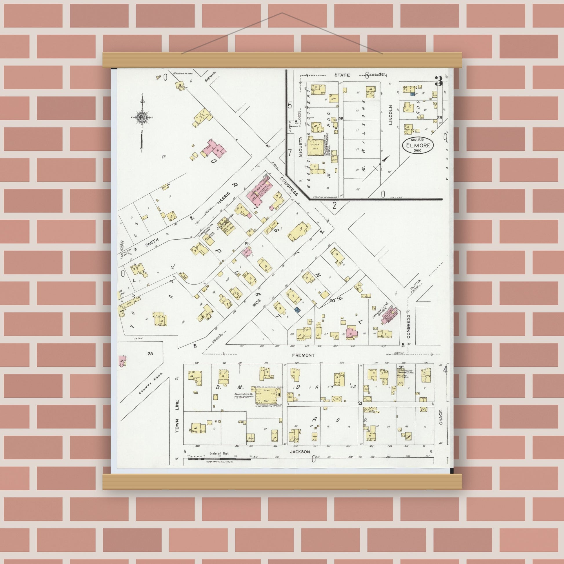 Old map wall art mockup — magnetic wood frame on brick wall — Sanborn Fire Insurance Map from Elmore, Ottawa County, Ohio (1920), Sheet #0003