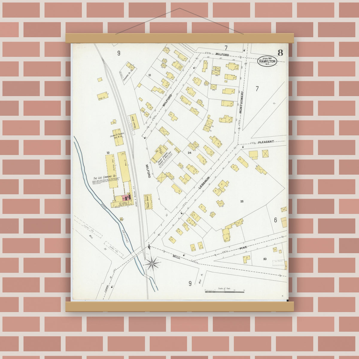 Old map wall art mockup — magnetic wood frame on brick wall — Sanborn Fire Insurance Map from Hamilton, Madison County, New York (1901), Sheet #0008