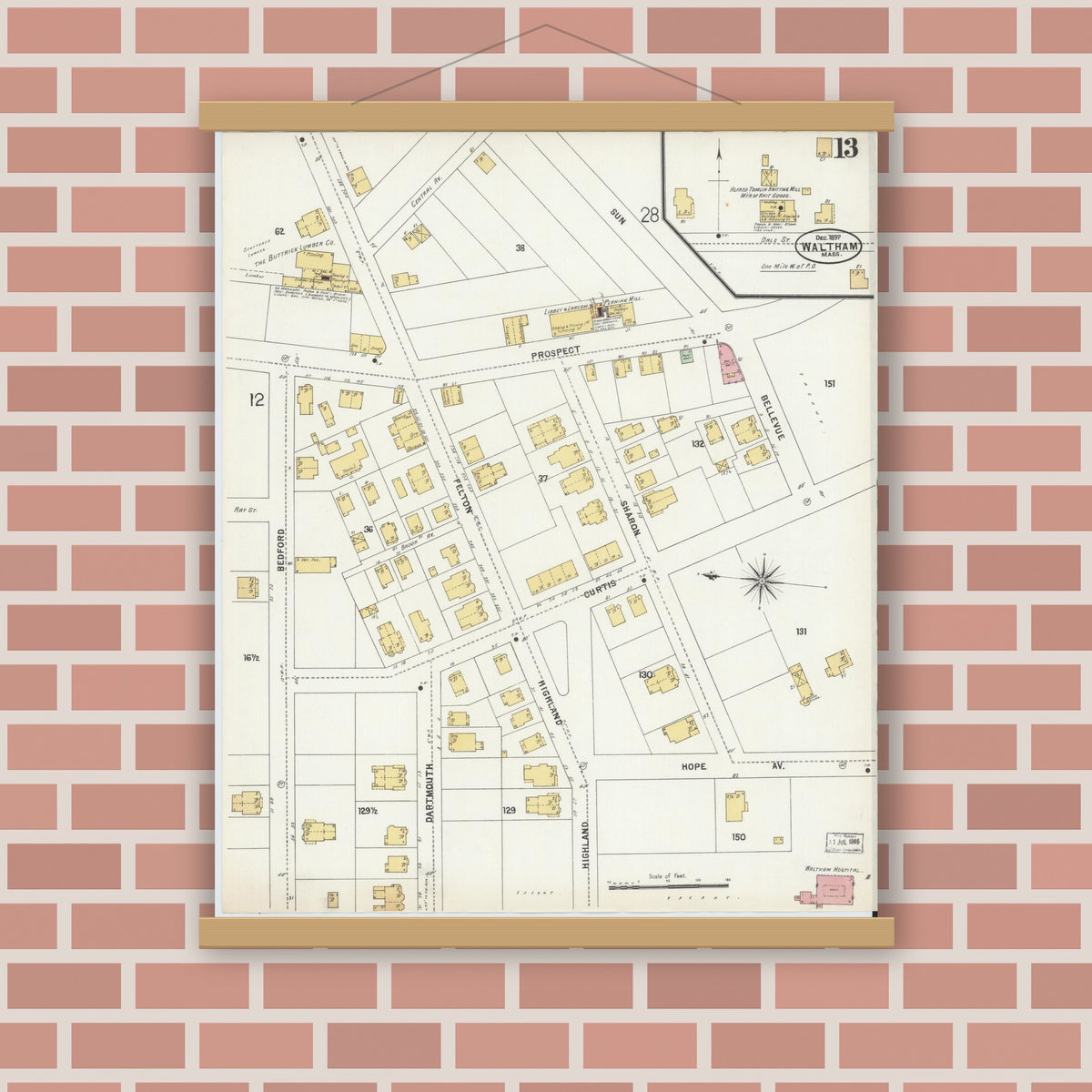 Old map wall art mockup — magnetic wood frame on brick wall — Sanborn Fire Insurance Map from Waltham, Middlesex County, Massachusetts (1897), Sheet #0013