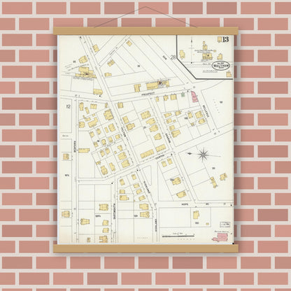 Old map wall art mockup — magnetic wood frame on brick wall — Sanborn Fire Insurance Map from Waltham, Middlesex County, Massachusetts (1897), Sheet #0013