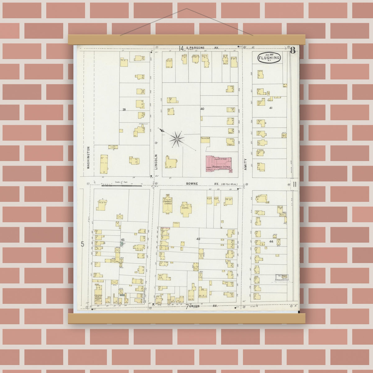 Old map wall art mockup — magnetic wood frame on brick wall — Sanborn Fire Insurance Map from Flushing, Queens County, New York (1897), Sheet #0008