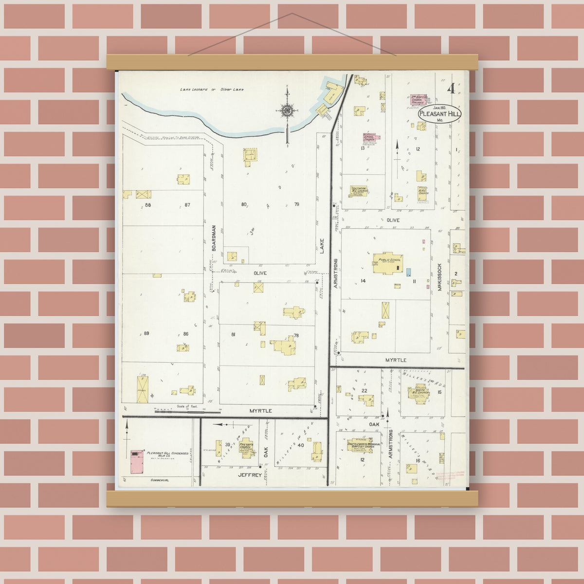 Old map wall art mockup — magnetic wood frame on brick wall — Sanborn Fire Insurance Map from Pleasant Hill, Cass County, Missouri (1913), Sheet #0004