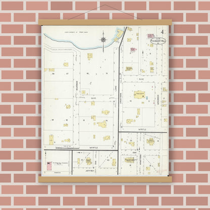 Old map wall art mockup — magnetic wood frame on brick wall — Sanborn Fire Insurance Map from Pleasant Hill, Cass County, Missouri (1913), Sheet #0004