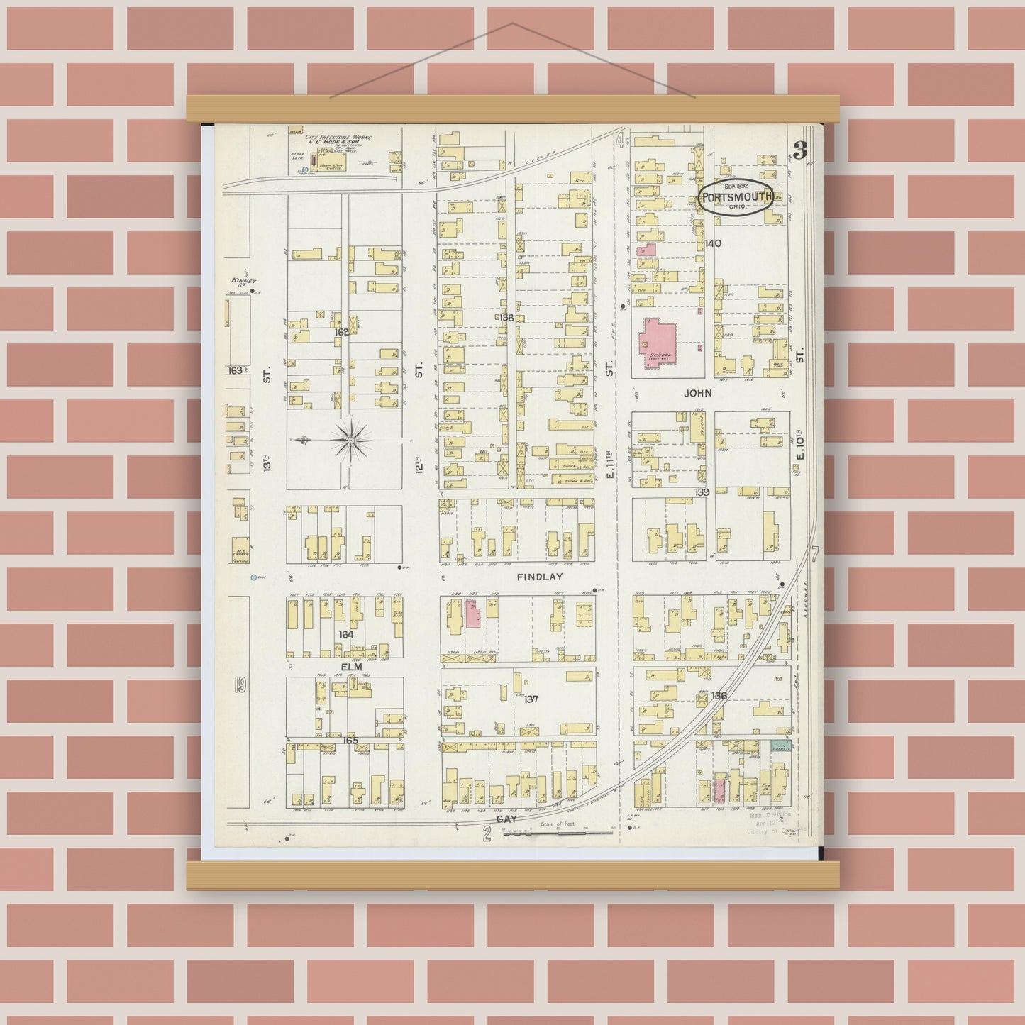 Old map wall art mockup — magnetic wood frame on brick wall — Sanborn Fire Insurance Map from Portsmouth, Scioto County, Ohio (1892), Sheet #0003