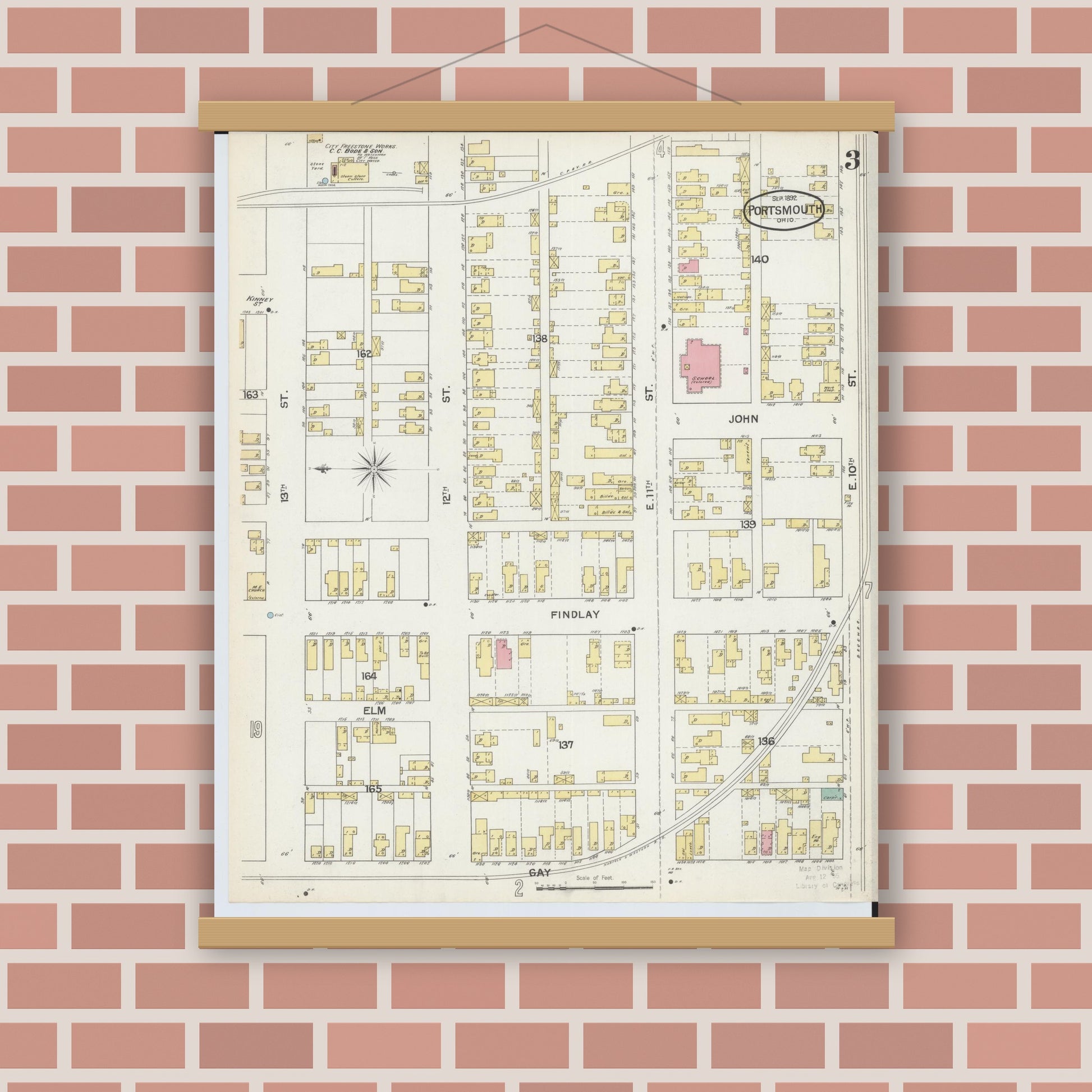 Old map wall art mockup — magnetic wood frame on brick wall — Sanborn Fire Insurance Map from Portsmouth, Scioto County, Ohio (1892), Sheet #0003