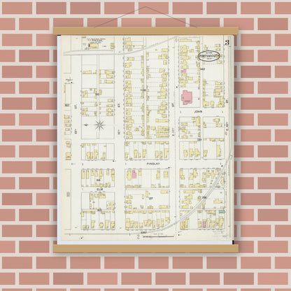 Old map wall art mockup — magnetic wood frame on brick wall — Sanborn Fire Insurance Map from Portsmouth, Scioto County, Ohio (1892), Sheet #0003