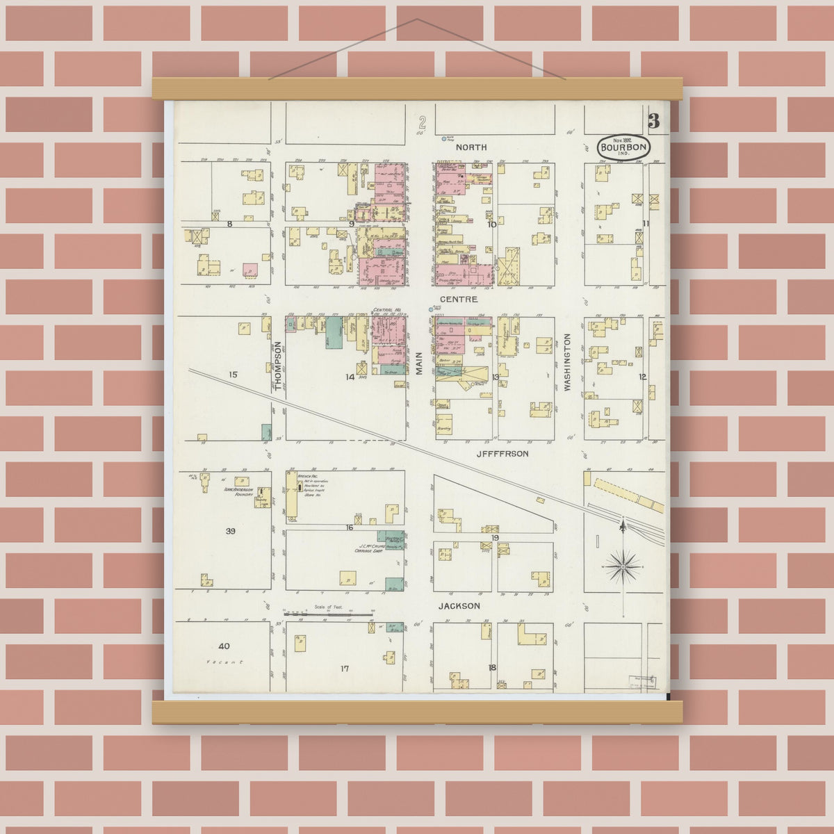 Old map wall art mockup — magnetic wood frame on brick wall — Sanborn Fire Insurance Map from Bourbon, Marshall County, Indiana (1892), Sheet #0003