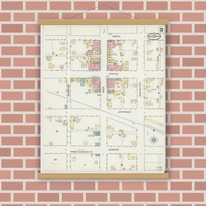 Old map wall art mockup — magnetic wood frame on brick wall — Sanborn Fire Insurance Map from Bourbon, Marshall County, Indiana (1892), Sheet #0003