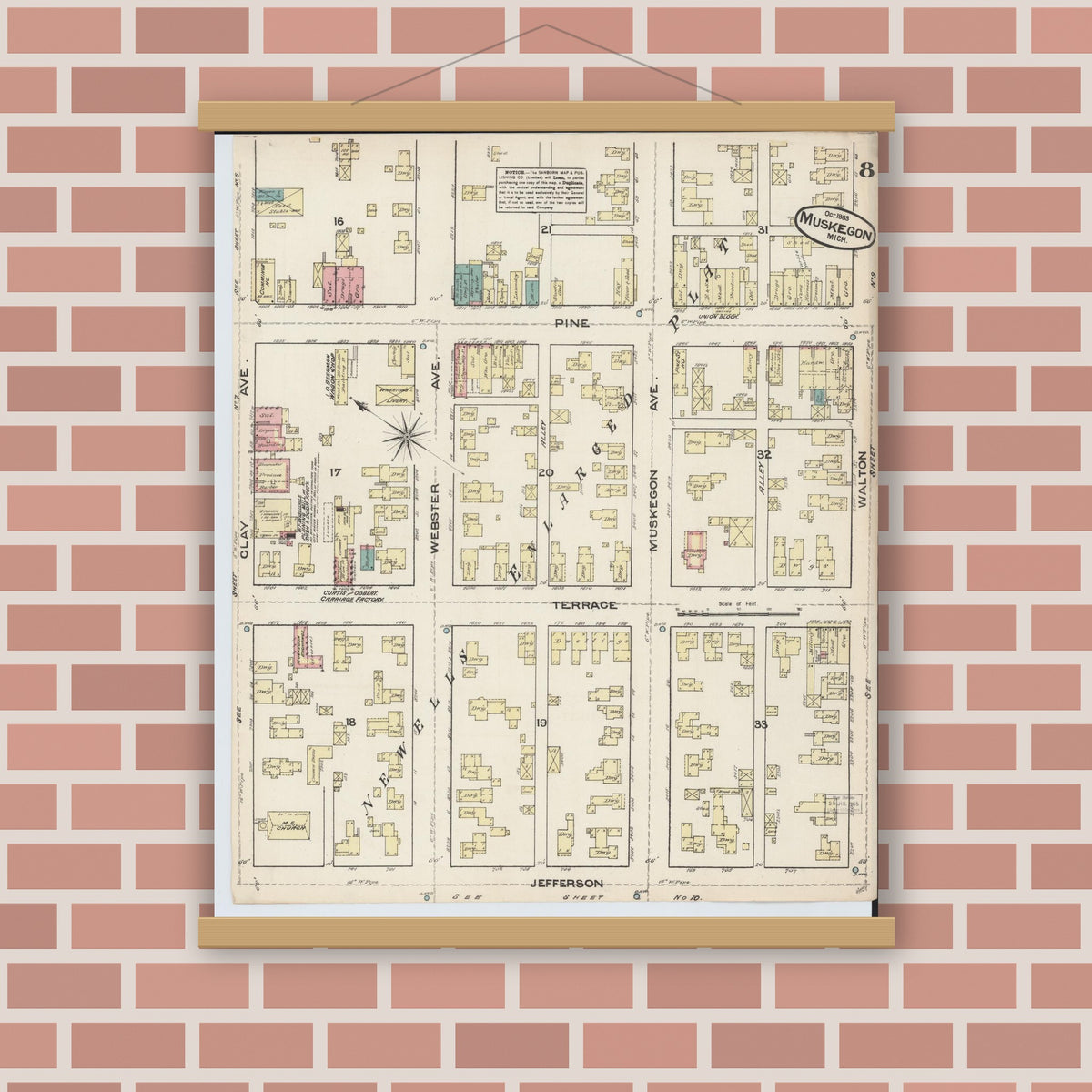 Old map wall art mockup — magnetic wood frame on brick wall — Sanborn Fire Insurance Map from Muskegon, Muskegon County, Michigan (1883), Sheet #0008