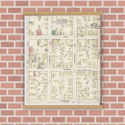 Old map wall art mockup — magnetic wood frame on brick wall — Sanborn Fire Insurance Map from Muskegon, Muskegon County, Michigan (1883), Sheet #0008