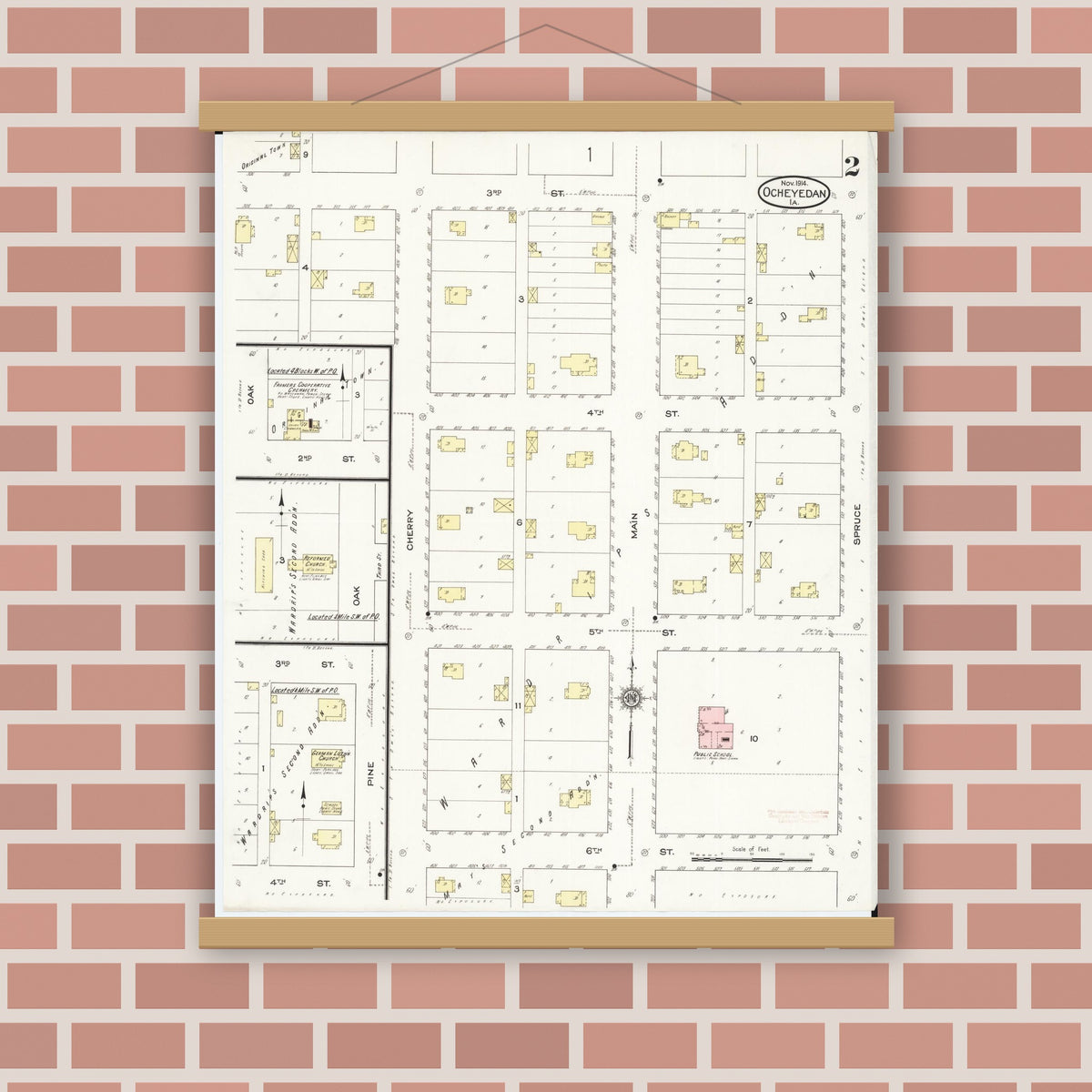 Old map wall art mockup — magnetic wood frame on brick wall — Sanborn Fire Insurance Map from Ocheyedan, Osceola County, Iowa (1914), Sheet #0002