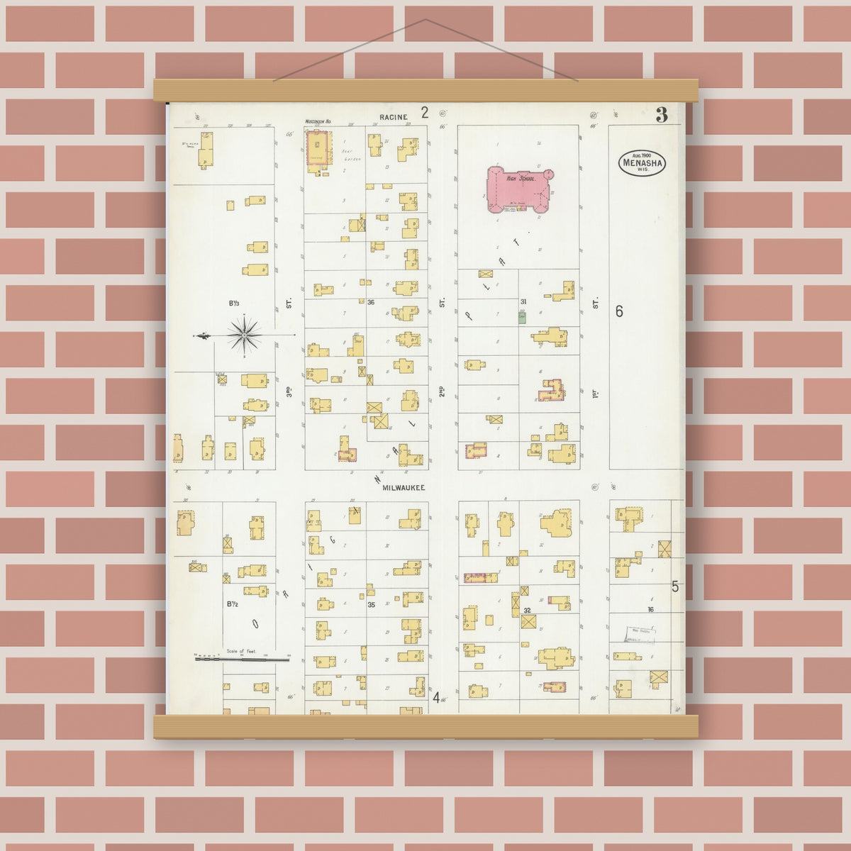 Old map wall art mockup — magnetic wood frame on brick wall — Sanborn Fire Insurance Map from Menasha, Winnebago County, Wisconsin (1900), Sheet #0003