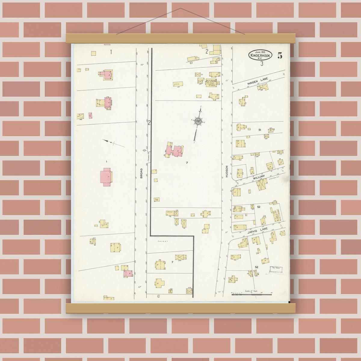 Old map wall art mockup — magnetic wood frame on brick wall — Sanborn Fire Insurance Map from Kinderhook, Columbia County, New York (1912), Sheet #0005