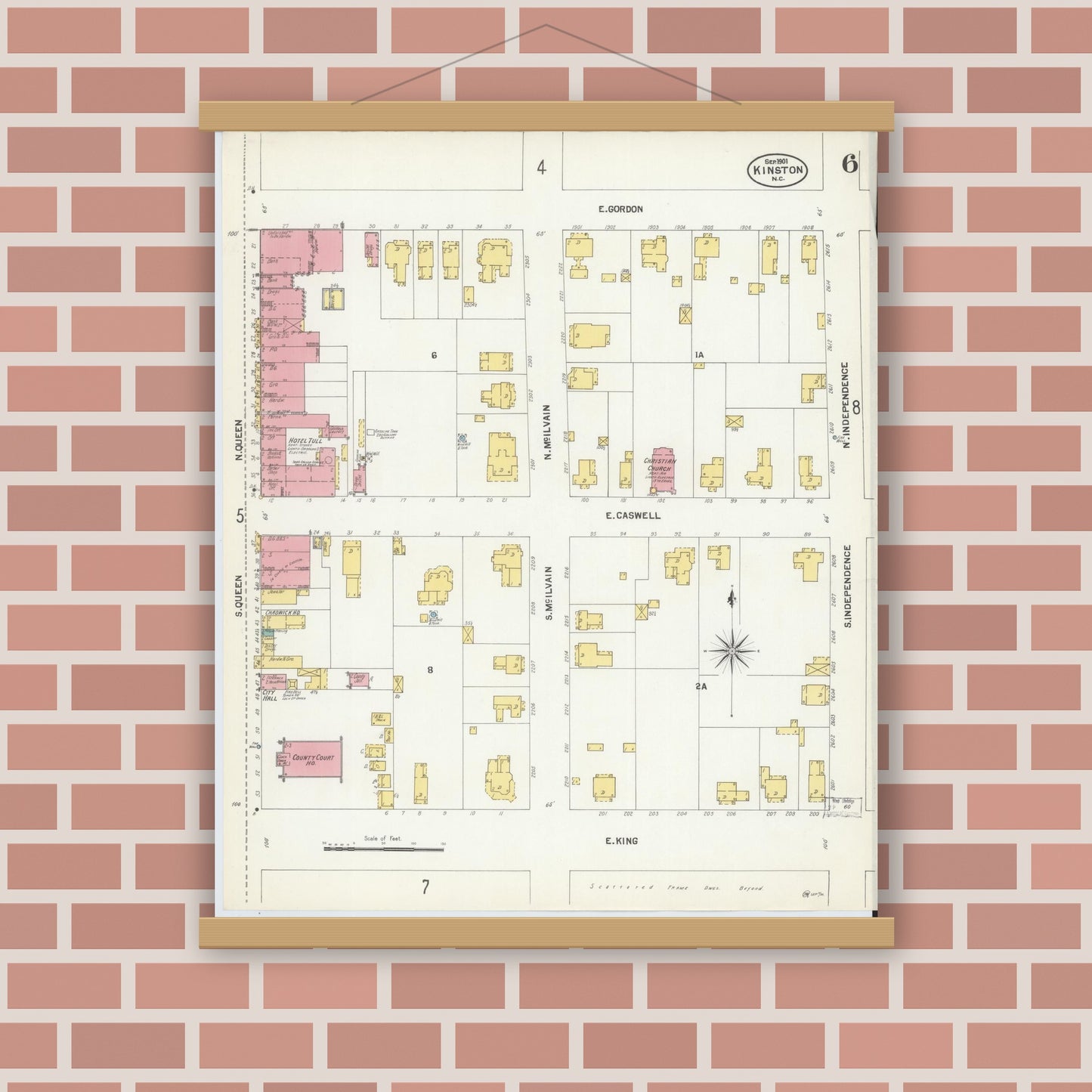 Old map wall art mockup — magnetic wood frame on brick wall — Sanborn Fire Insurance Map from Kinston, Lenoir County, North Carolina (1901), Sheet #0006