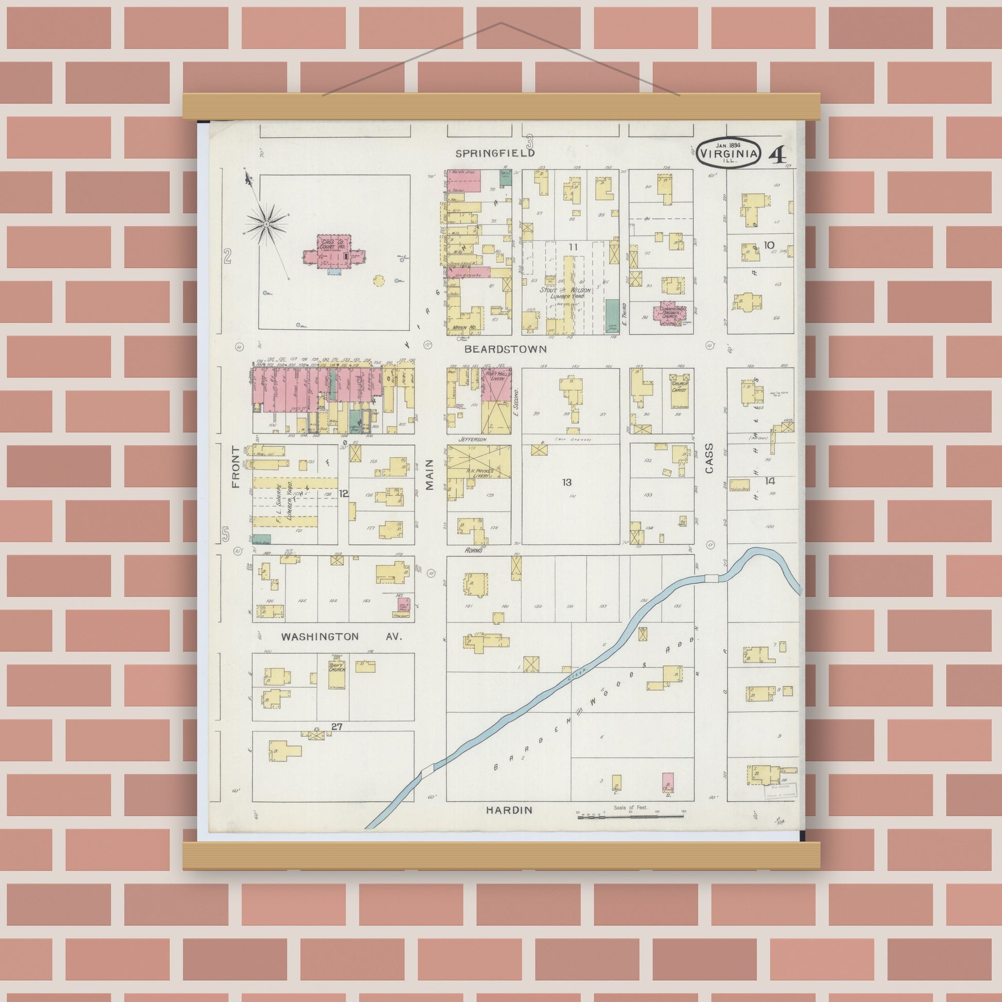 Old map wall art mockup — magnetic wood frame on brick wall — Sanborn Fire Insurance Map from Virginia, Cass County, Illinois (1894), Sheet #0004