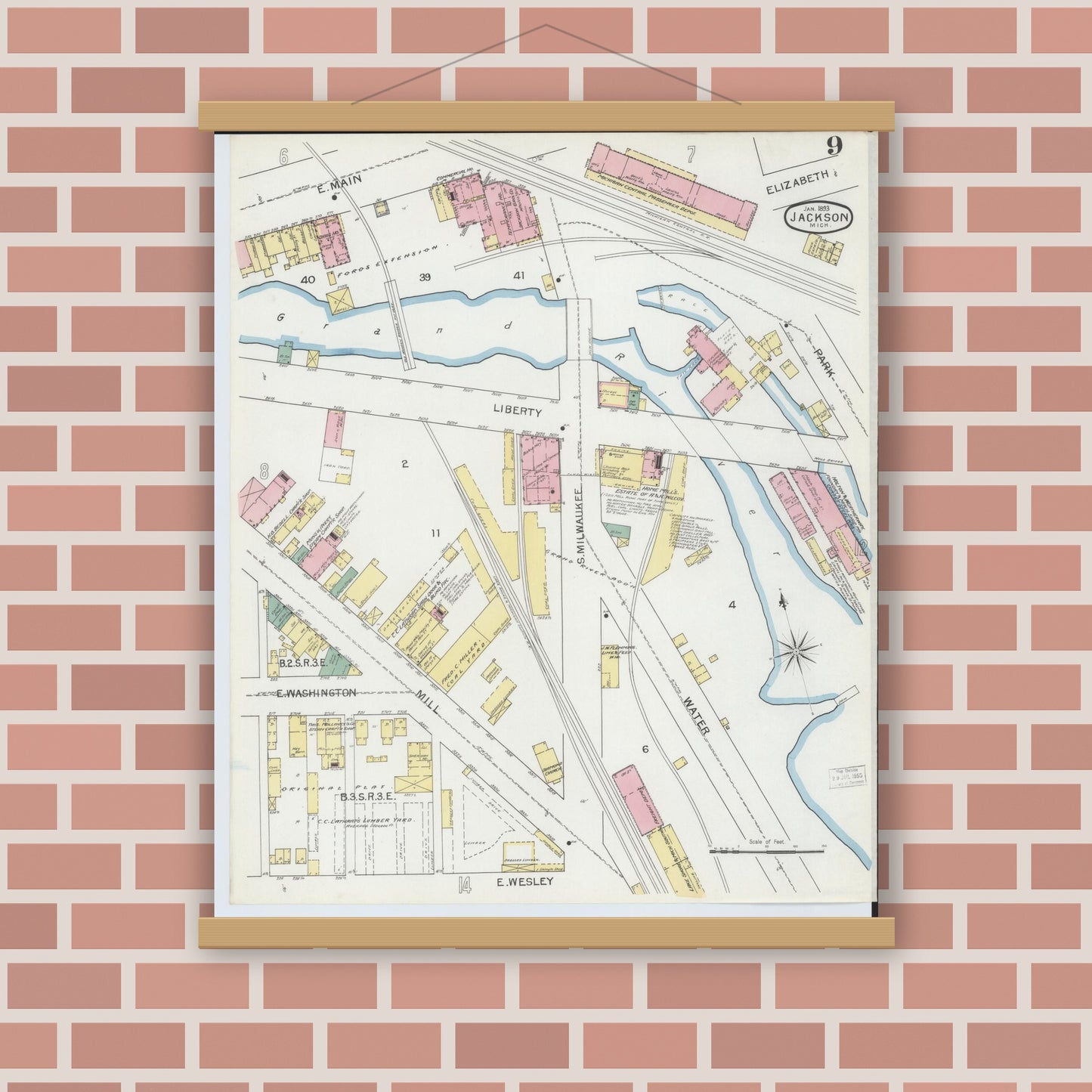 Old map wall art mockup — magnetic wood frame on brick wall — Sanborn Fire Insurance Map from Jackson, Jackson County, Michigan (1893), Sheet #0009