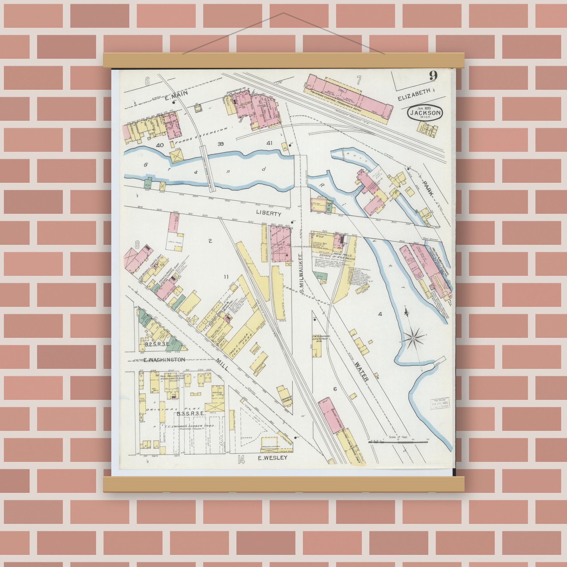 Old map wall art mockup — magnetic wood frame on brick wall — Sanborn Fire Insurance Map from Jackson, Jackson County, Michigan (1893), Sheet #0009