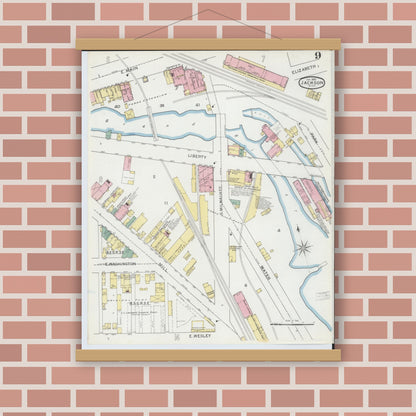 Old map wall art mockup — magnetic wood frame on brick wall — Sanborn Fire Insurance Map from Jackson, Jackson County, Michigan (1893), Sheet #0009