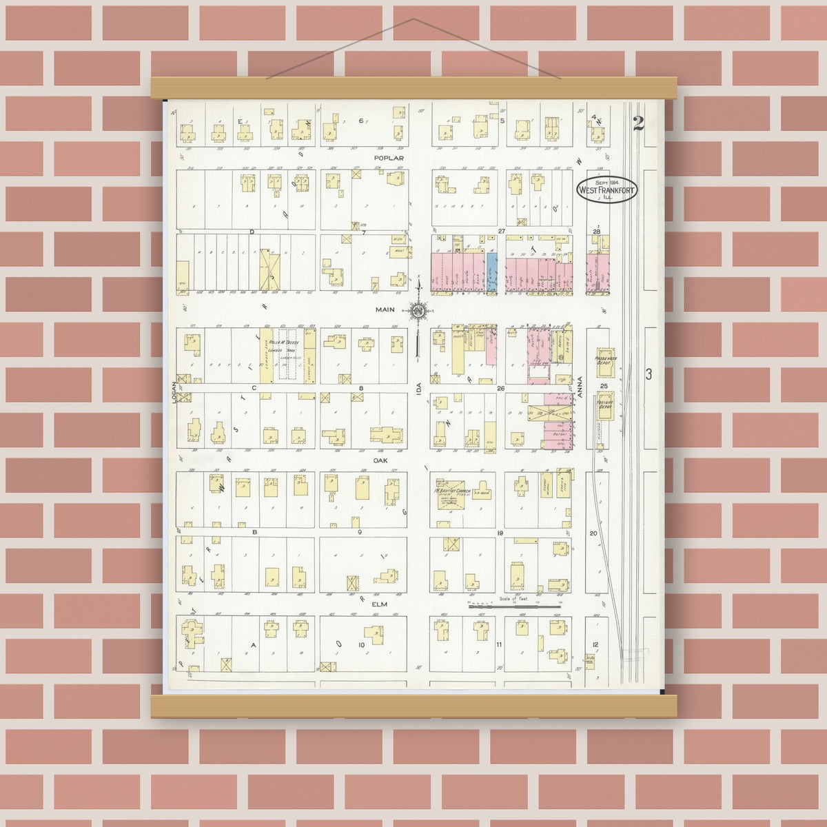Old map wall art mockup — magnetic wood frame on brick wall — Sanborn Fire Insurance Map from West Frankfort, Franklin County, Illinois (1914), Sheet #0002