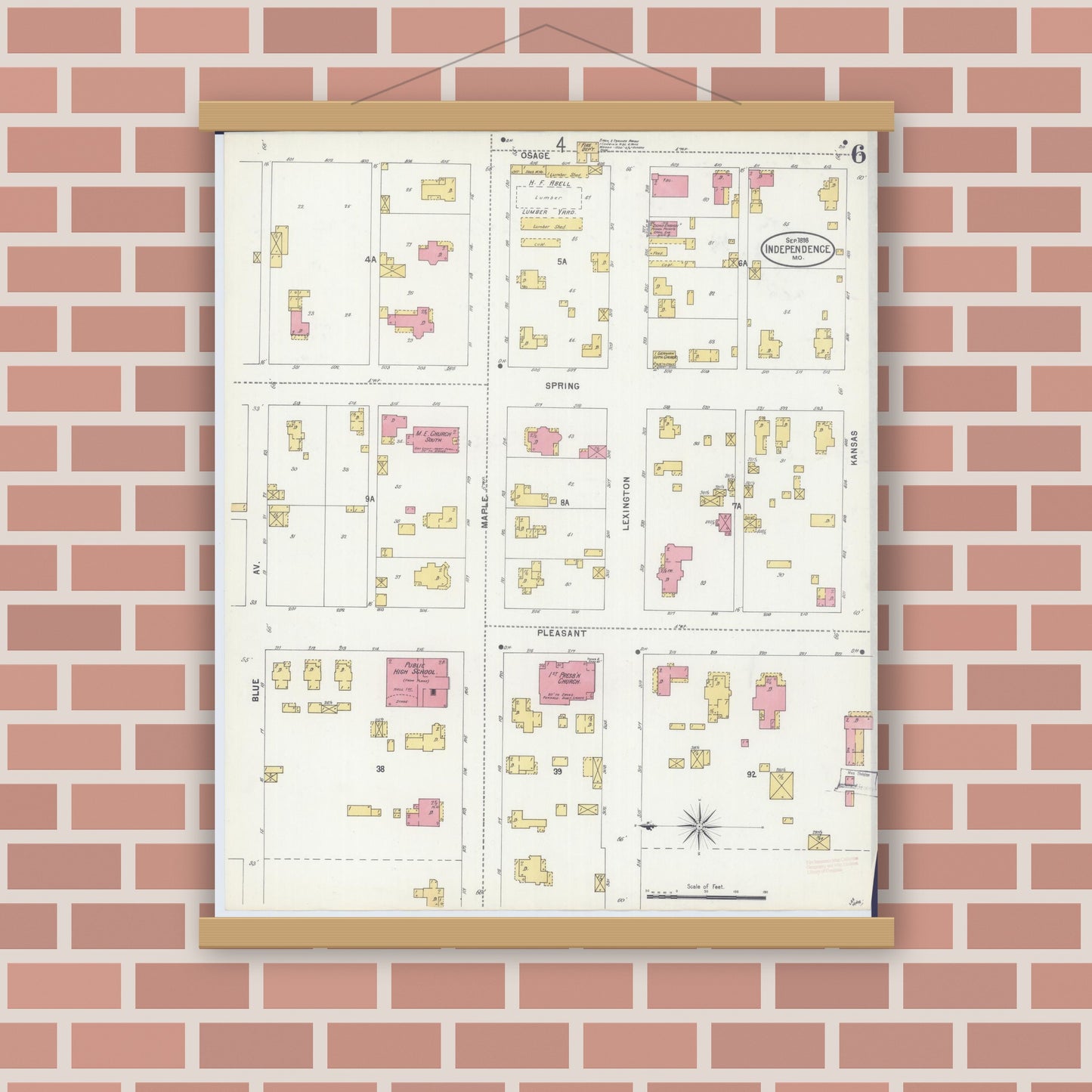 Old map wall art mockup — magnetic wood frame on brick wall — Sanborn Fire Insurance Map from Independence, Jackson County, Missouri (1898), Sheet #0006