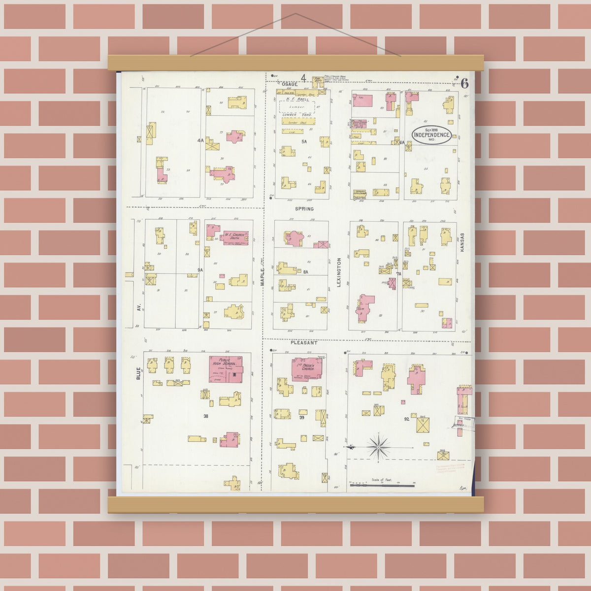 Old map wall art mockup — magnetic wood frame on brick wall — Sanborn Fire Insurance Map from Independence, Jackson County, Missouri (1898), Sheet #0006